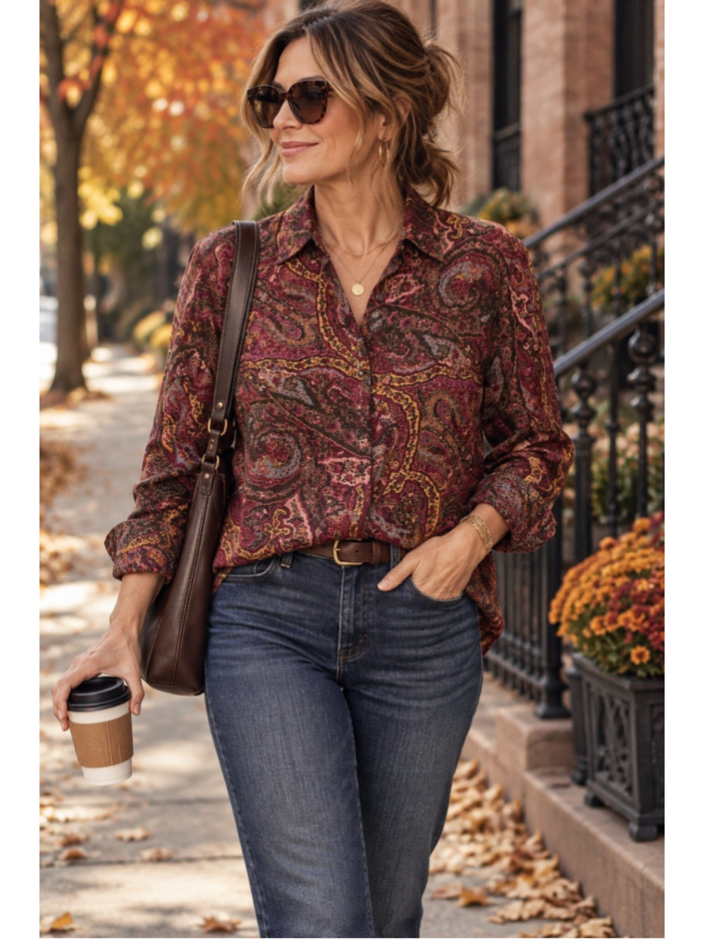 Lauren Ralph Lauren Shirt Women 2X Brown Paisley Long Sleeve Button Down Boho